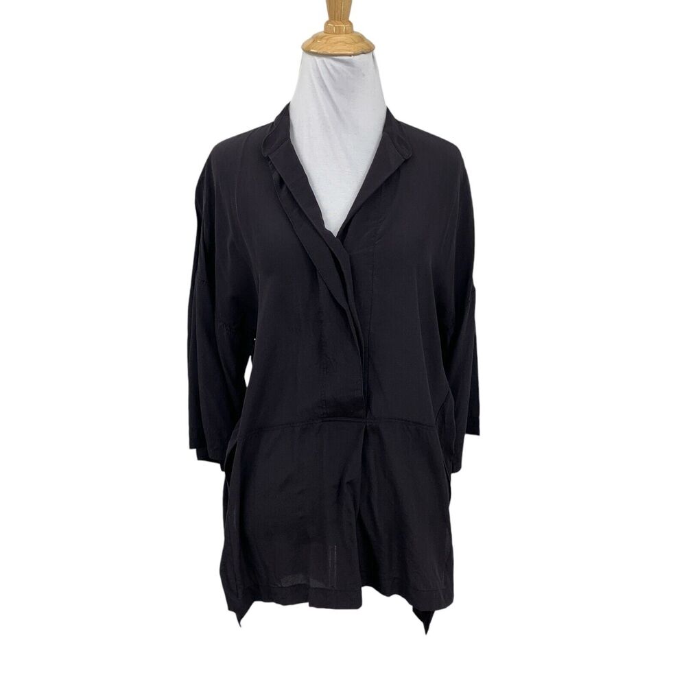 J Crew Blouse Women XS Extra Small Black Silk High Low Drop Shoulder Half Sleeve
